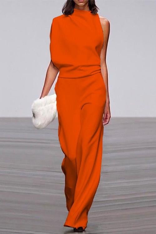 Solid One Shoulder Wide Leg Jumpsuit