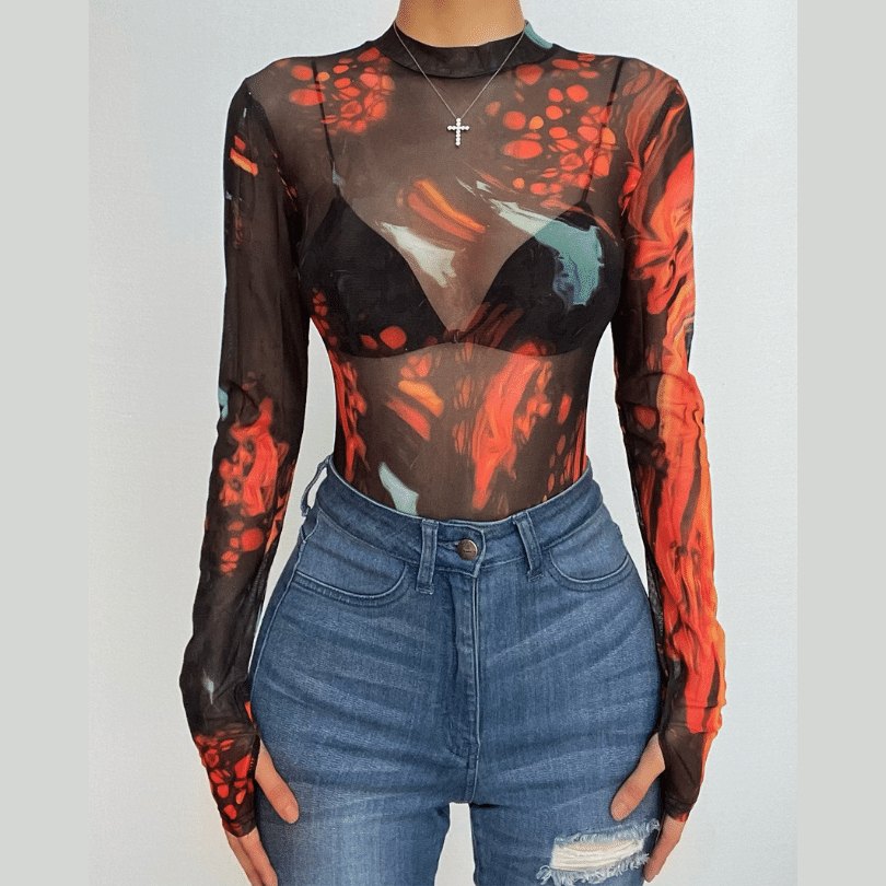 Sheer mesh long sleeve tie dye contrast gloves see through bodysuit