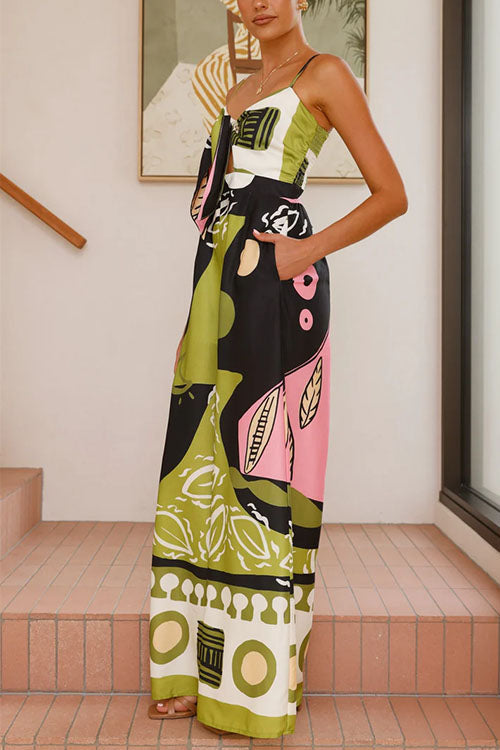 Tie Front Cut Out Wide Leg Printed Cami Jumpsuit