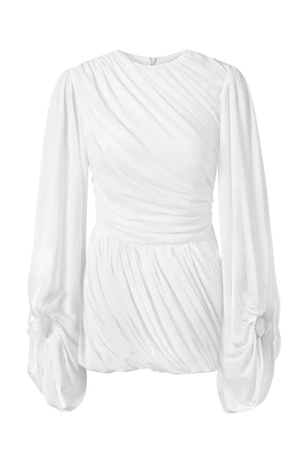 Solid Color Round Neck Lantern Long Sleeve Pleated Casual Mini Dress