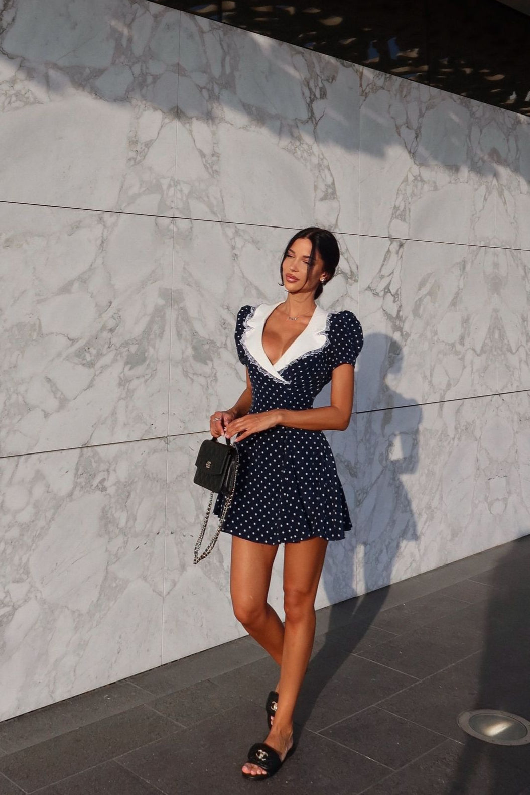 Polka Dot Lace Trim Peter Pan Collar Puff Sleeve Mini Dress