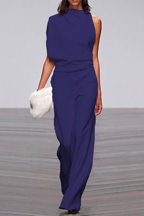 Meridress Solid One Shoulder Wide Leg Jumpsuit