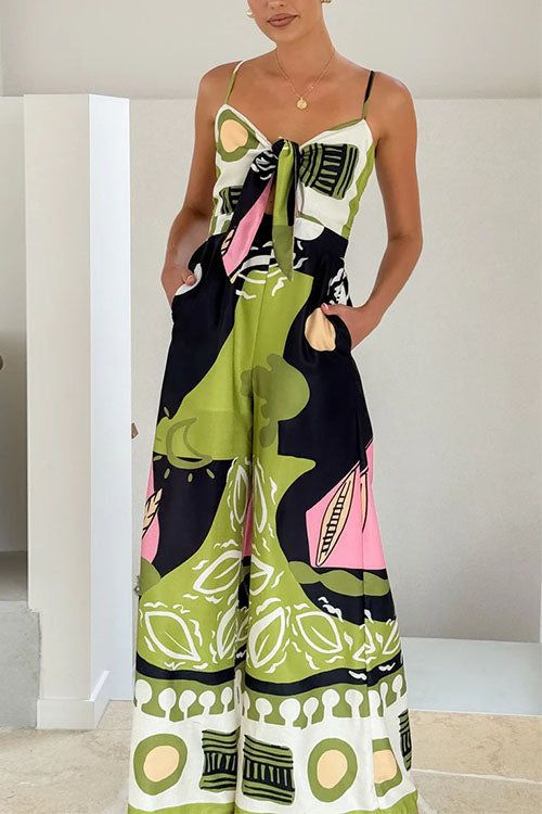 Tie Front Cut Out Wide Leg Printed Cami Jumpsuit