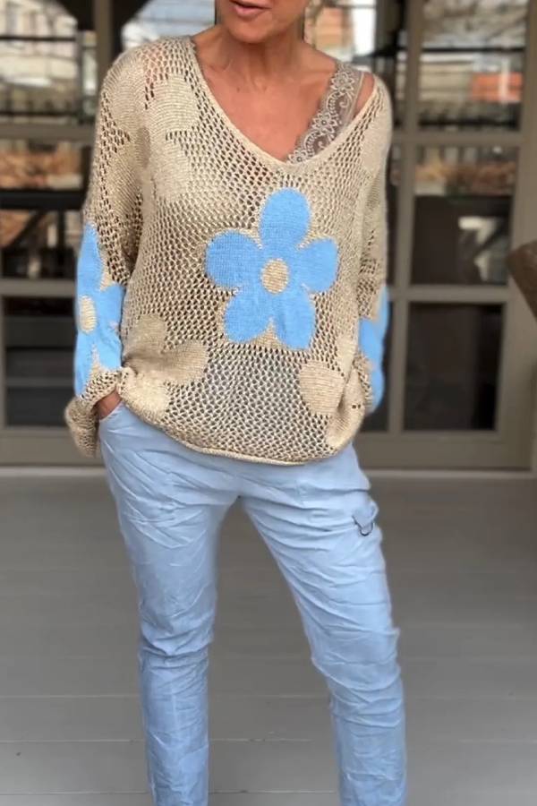 Floral Knitted Hollow V-neck Shirt Floral Mesh Sweater