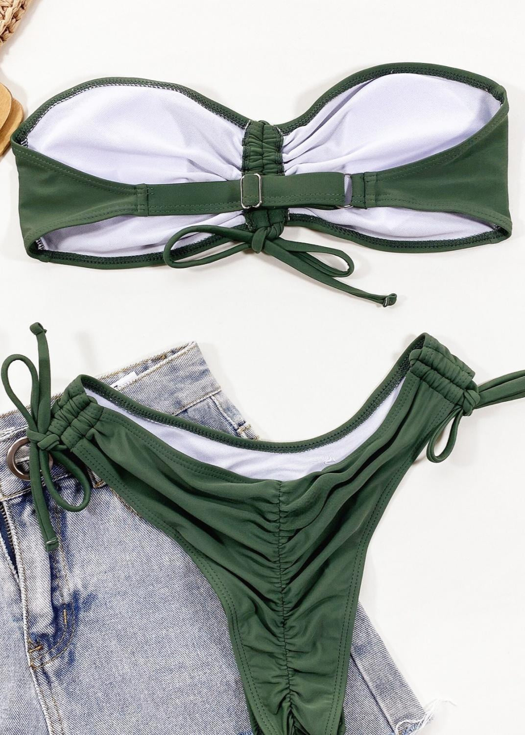 Sierra Dune - Olive Bandeau Bikini with Ruched Tie Bottom