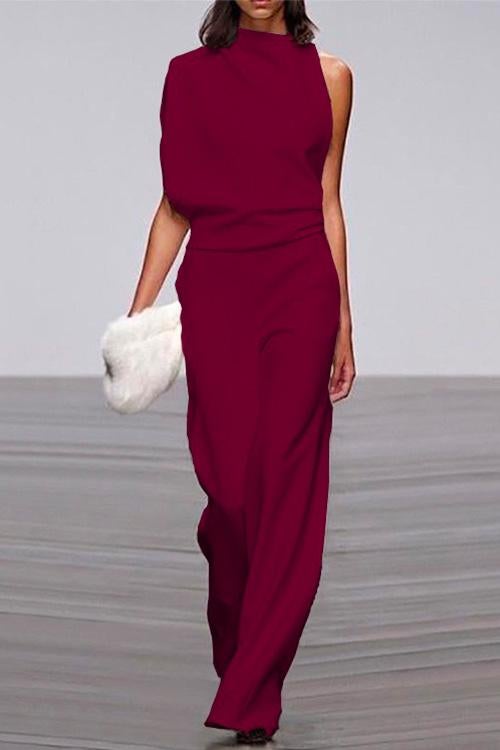 Solid One Shoulder Wide Leg Jumpsuit
