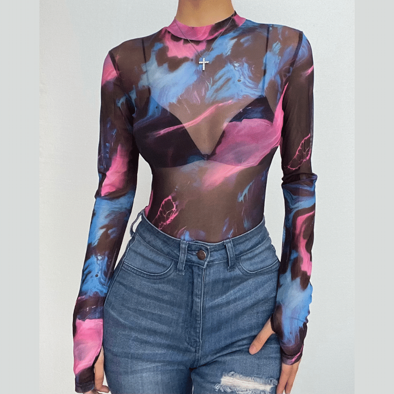 Sheer mesh long sleeve tie dye contrast gloves see through bodysuit