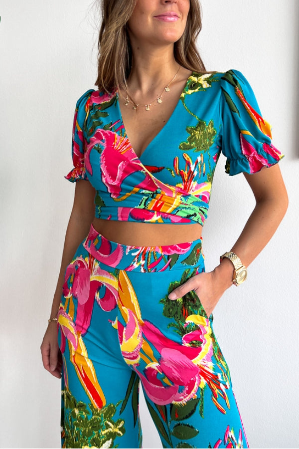 Floral Print V Neck Short Sleeves Crop Top Elastic Waist Wide Leg Pants Set