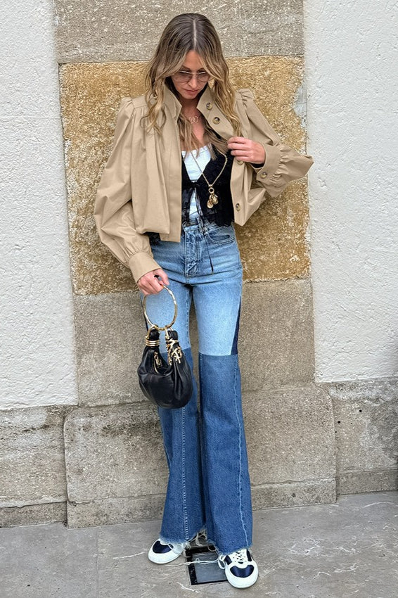 Short Khaki Puff Sleeve Trench Coat