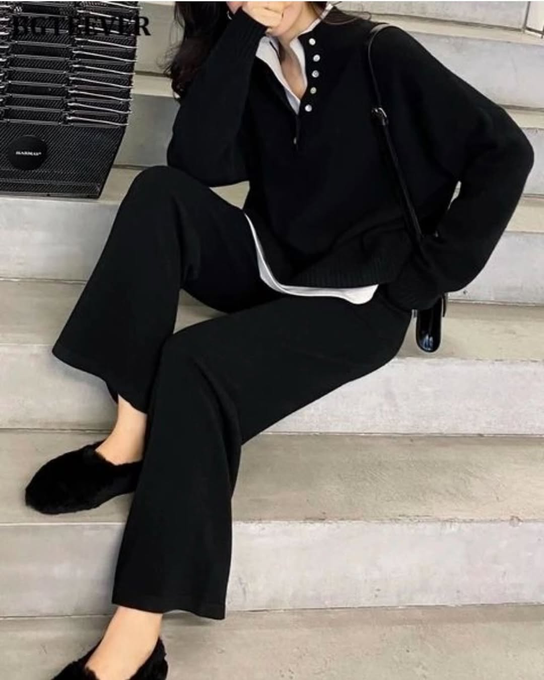 Black - Fashionable Loose Tweed-Style Two Piece Set