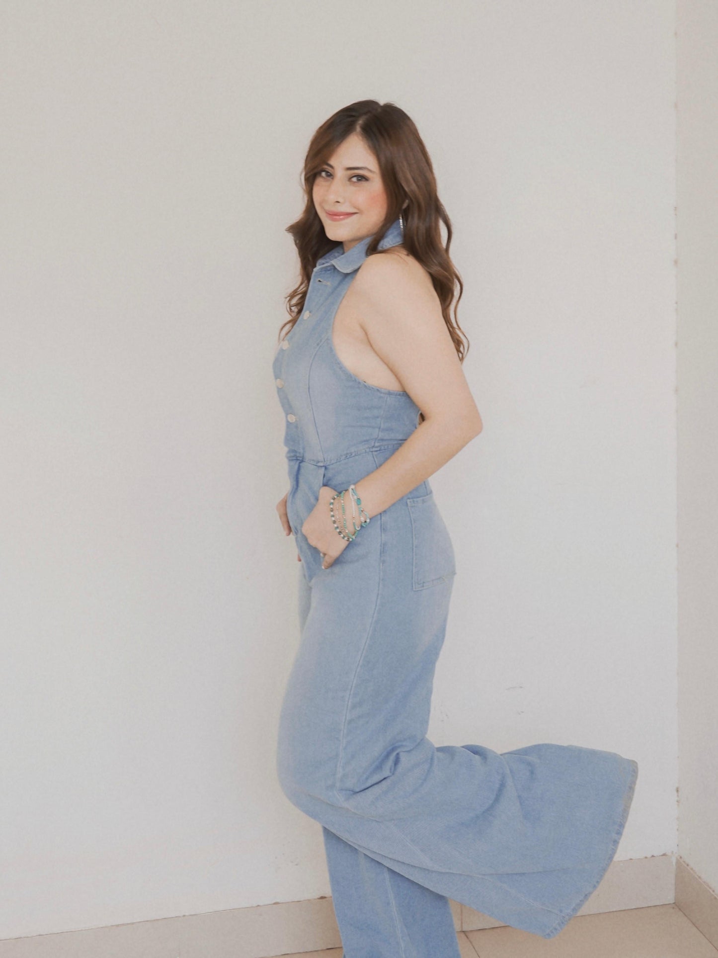 Halterneck Backless Denim Jumpsuit