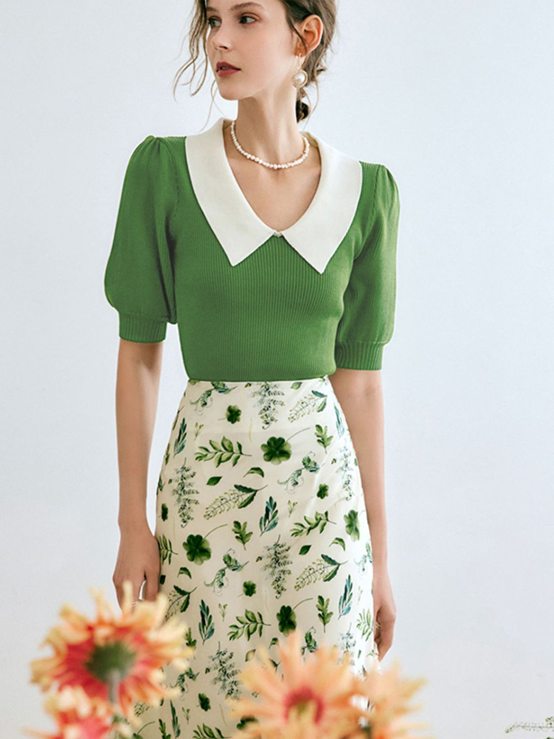 Alexis Contrast Lapel Puff Sleeve Knitted Set