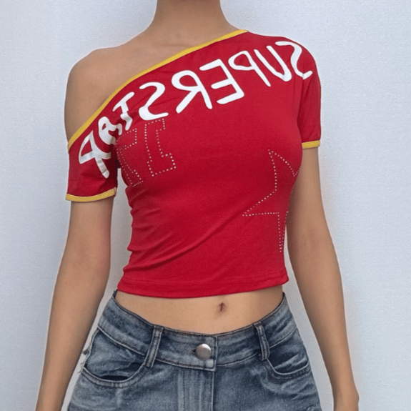 Short sleeve one shoulder “super star” print top