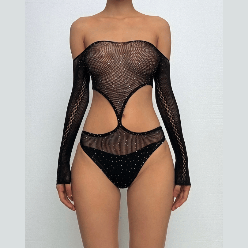 Long sleeve off shoulder mesh rhinestone bodysuit