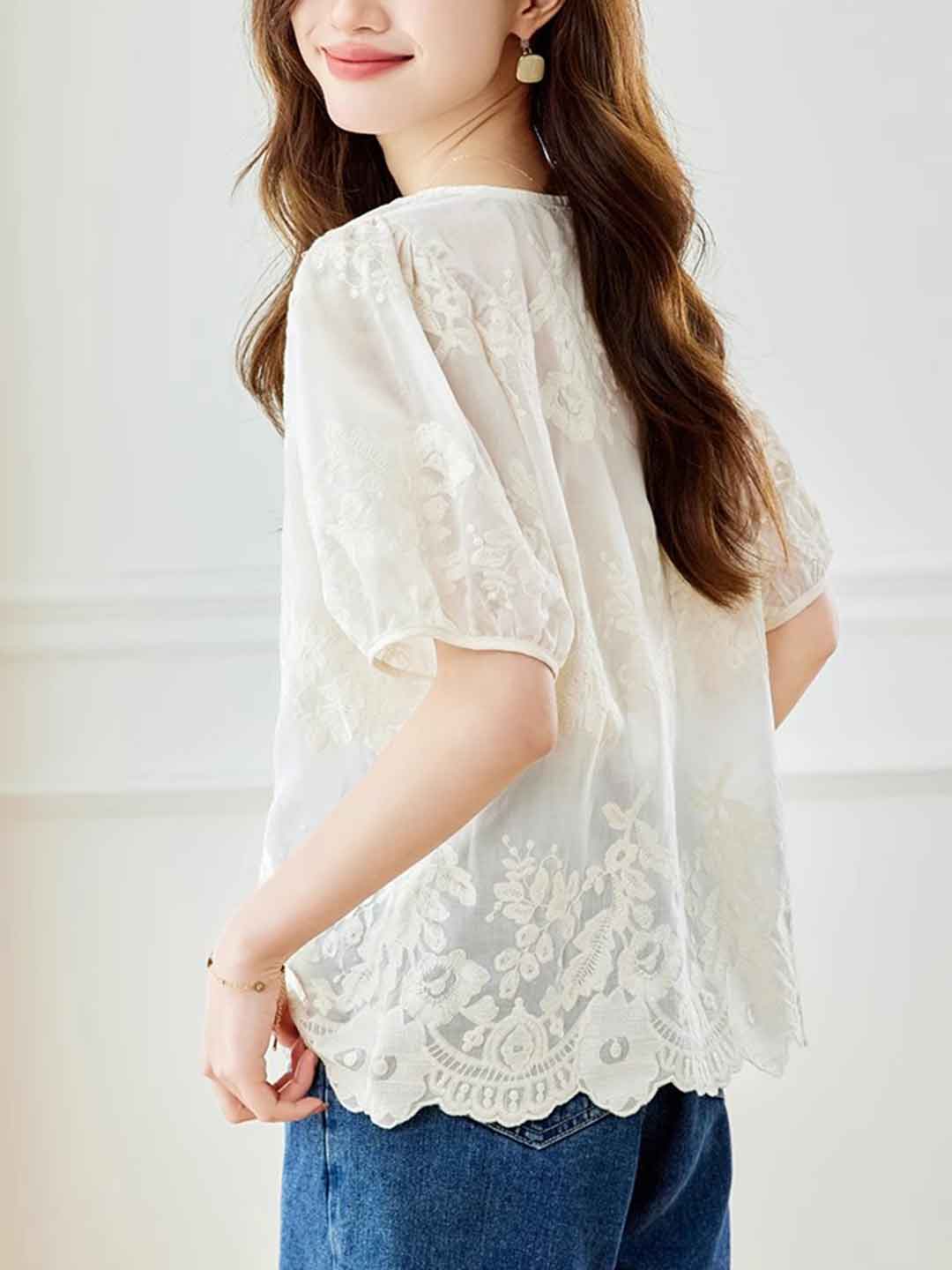 Brianna Retro Crew Neck Embroidered Lace Top