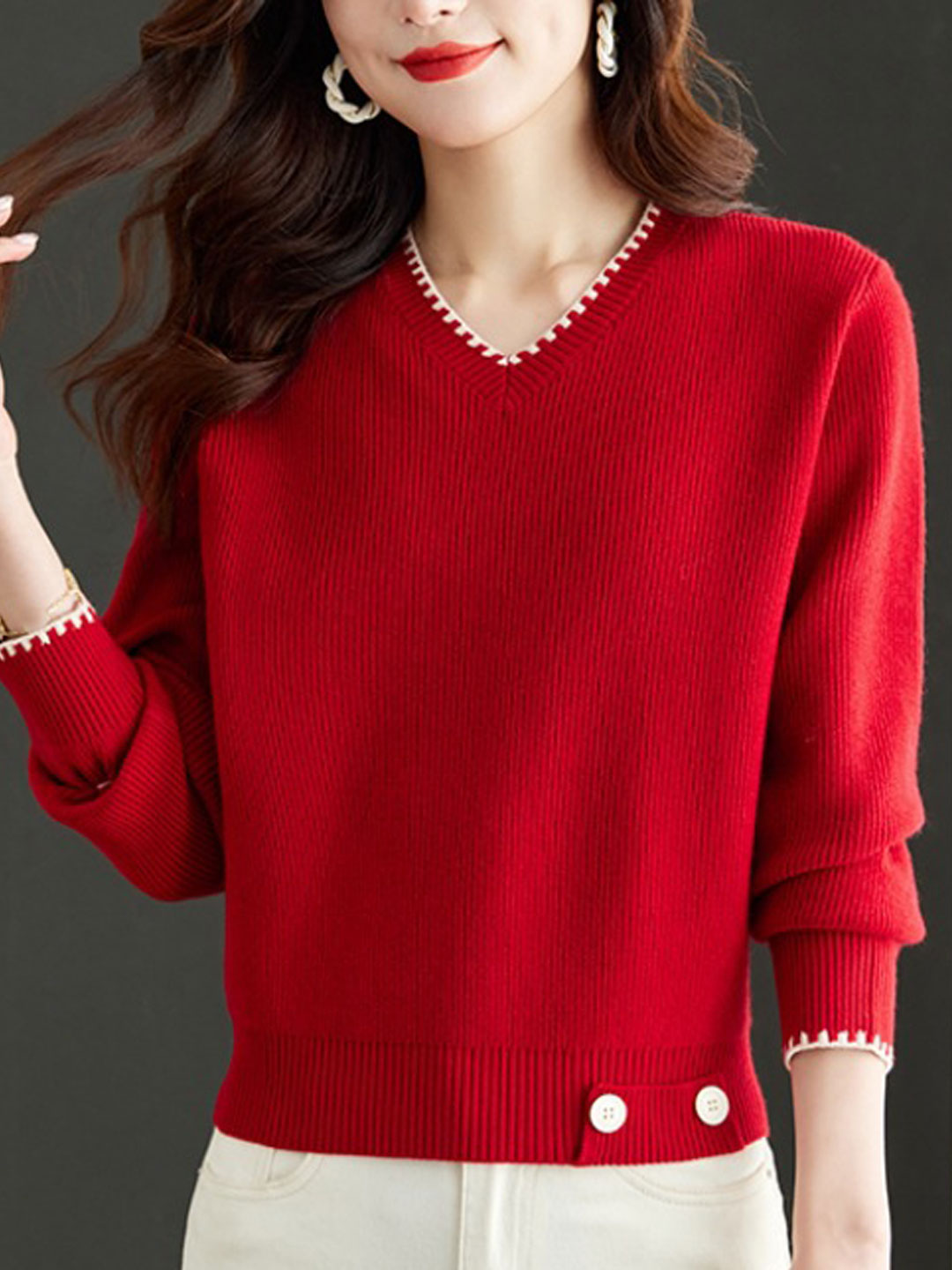 Isabella V-Neck Solid Color Knitted Sweater-Navy Blue