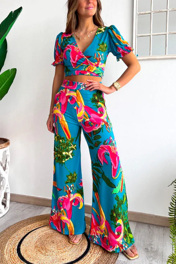 Floral Print V Neck Short Sleeves Crop Top Elastic Waist Wide Leg Pants Set