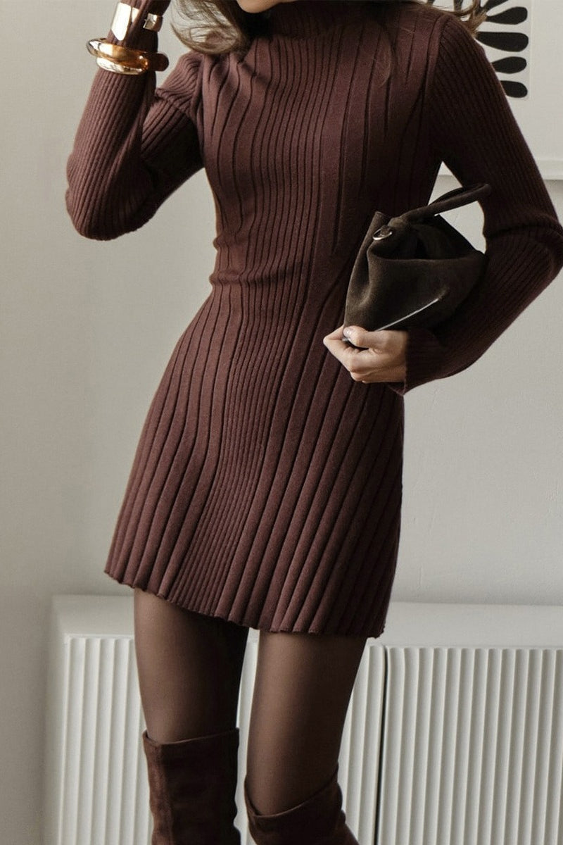 Rib-Knit Mock Neck Long Sleeve A-Line Mini Sweater Dress