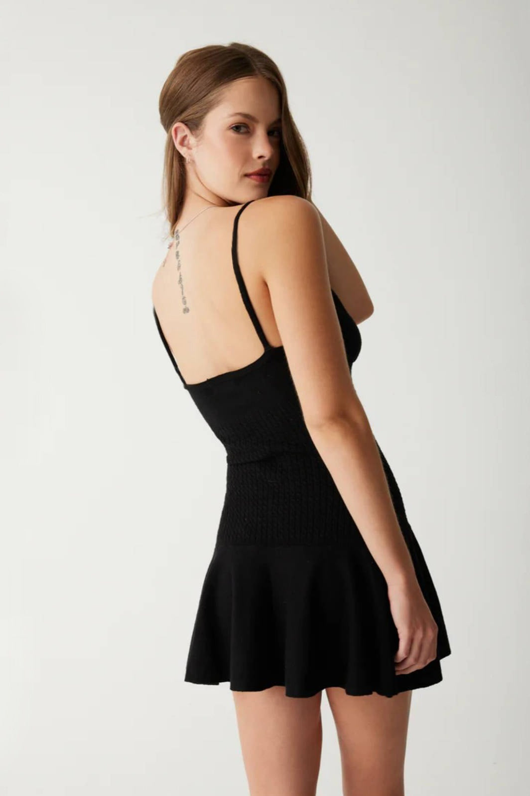 Cable-Knit Floral Appliqué Spaghetti Strap Detached Sleeve Flared Mini Dress