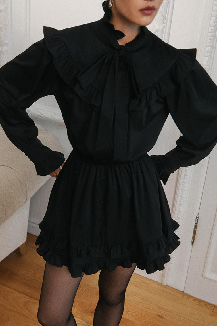 Bow Tie Ruffle Neck Long Sleeve Button Front Ruffled Hem Mini Dress