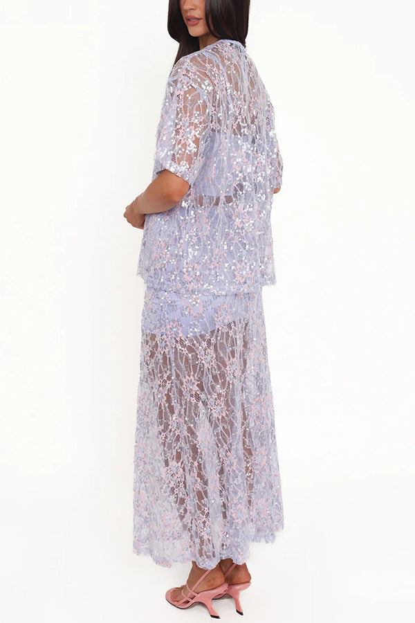 Catch The Light Sheer Sequin Lace Short Sleeve Loose Tee Top
