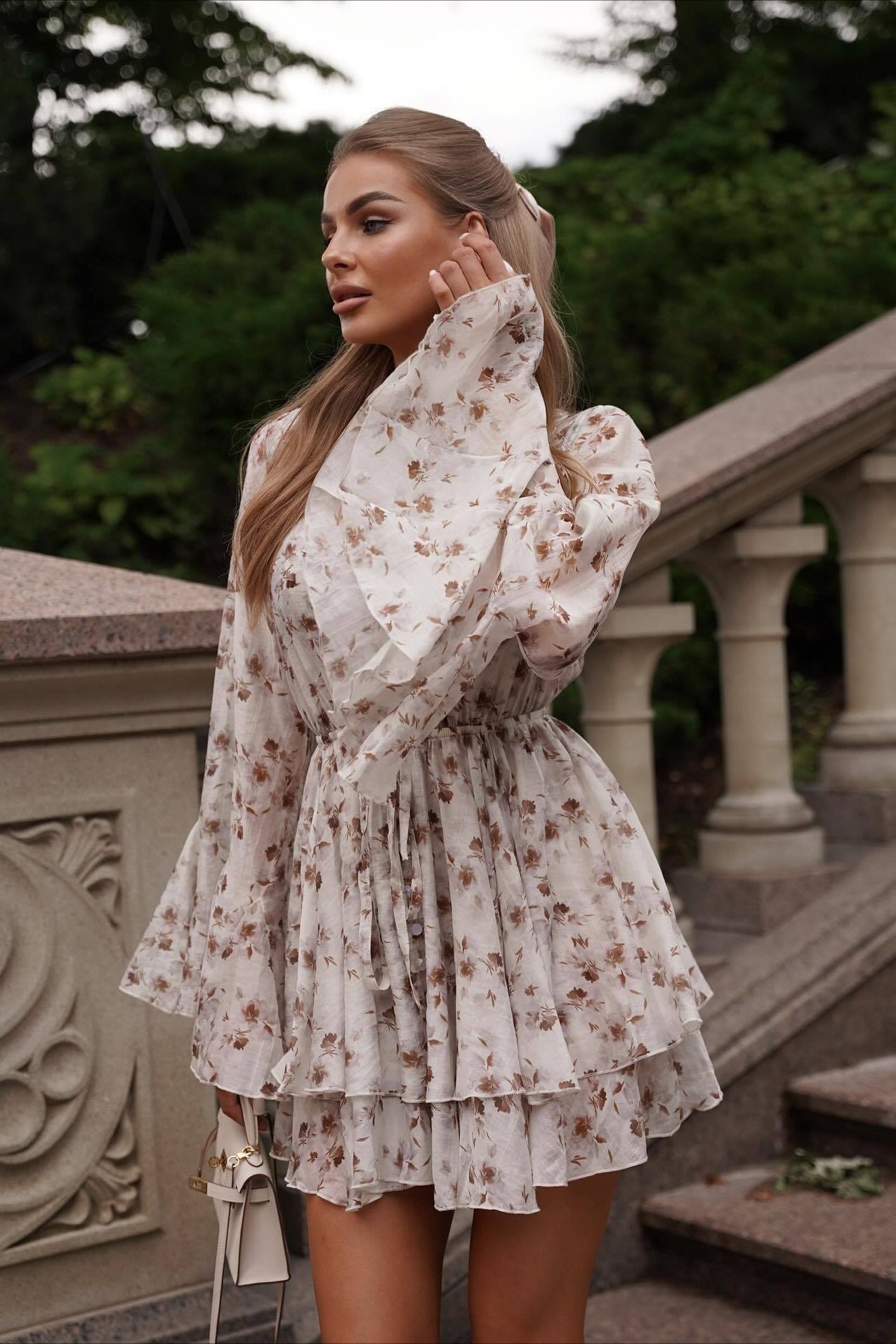 Floral Print Button-Front Drawstring Tiered Bell Sleeve V-Neck Mini Dress