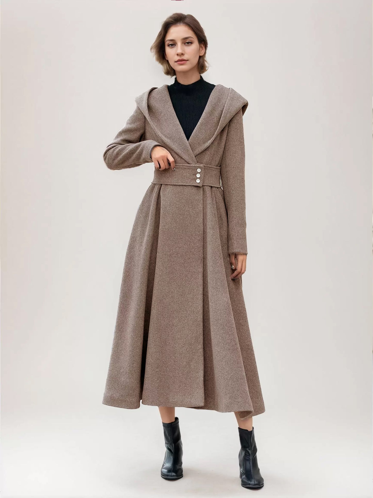 Flared Woolen Coat For Woman Hooded Gray Belted A-line Winter Long Outerwear 2026