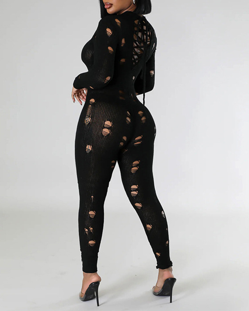 Long-Sleeved Knitted Holes In Slimming Jumpsuits