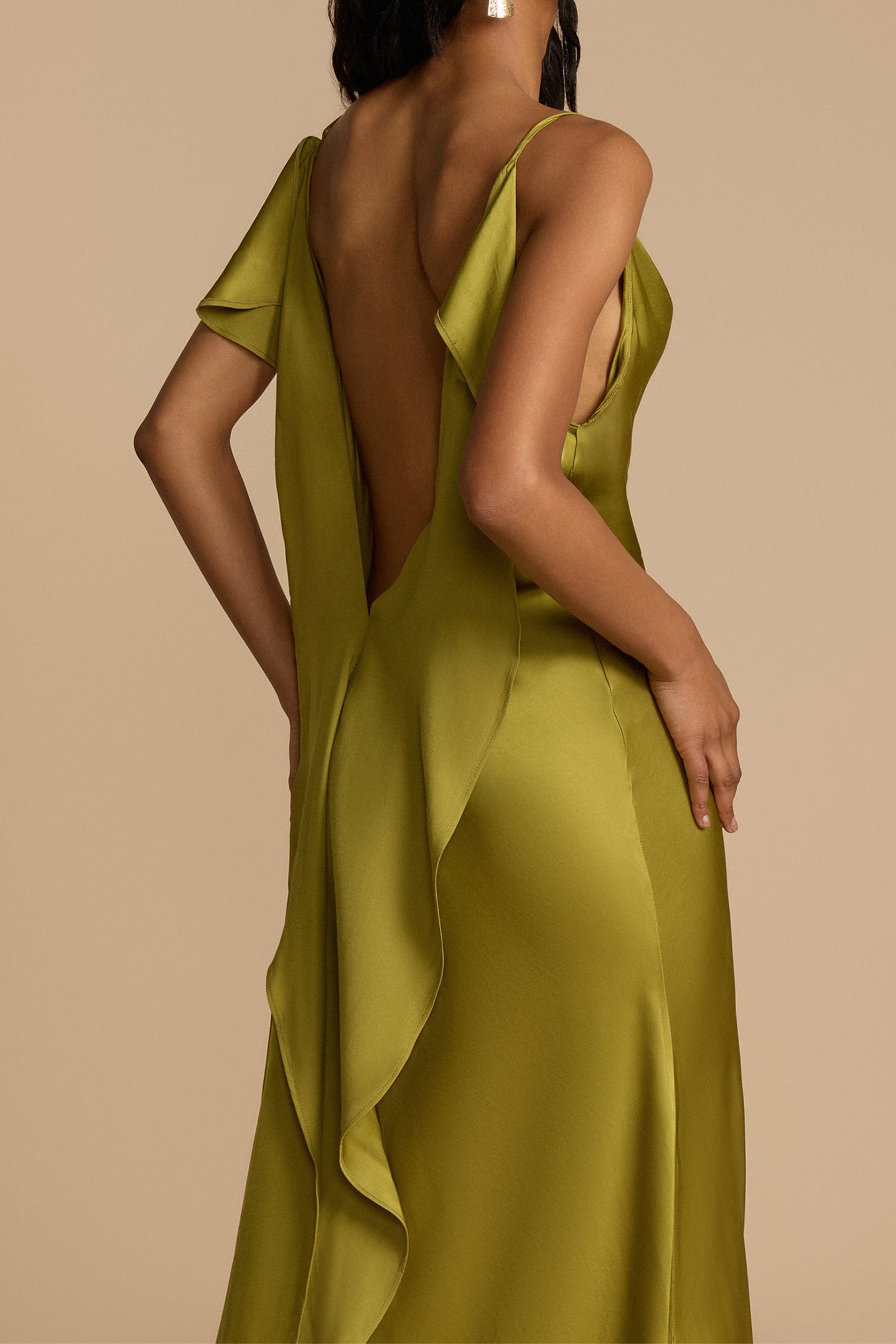 Paula Backless Ruffle Detail Satin Maxi Dress