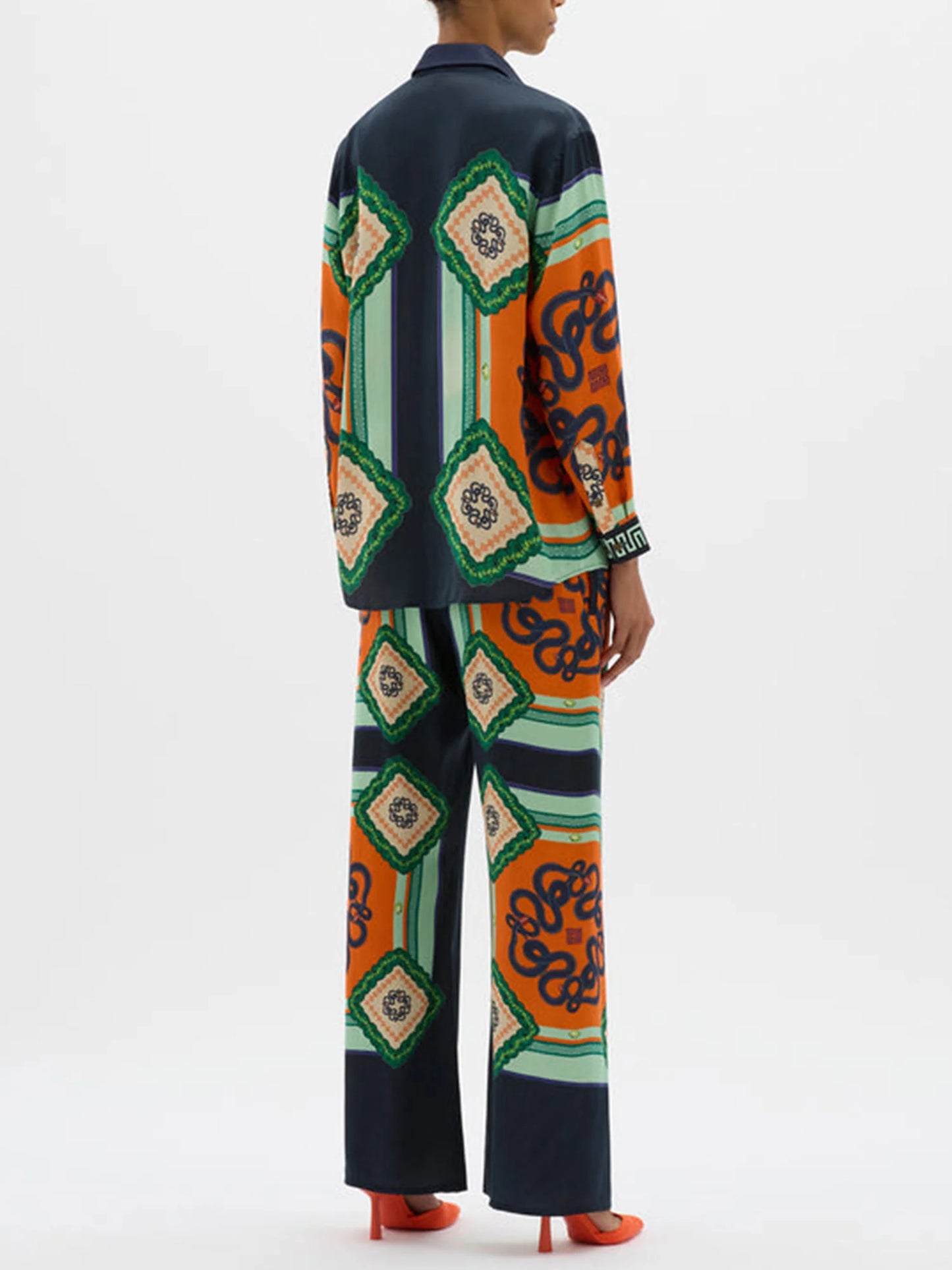 Vacation Times Satin Unique Print Elastic Waist Pocketed Wide Leg Pants