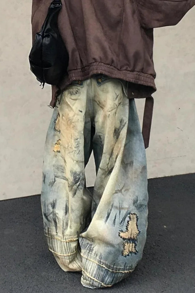 Retro Denim Wide Leg Mop Pants