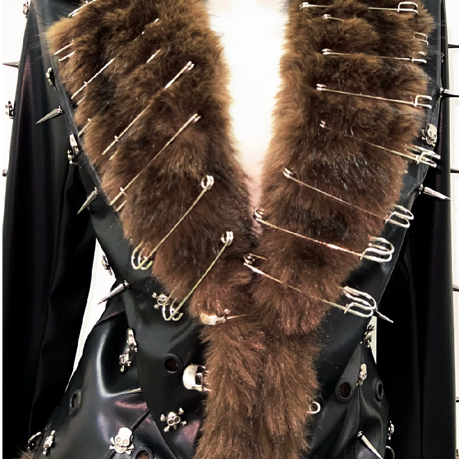 2 piece long sleeve fluffy o ring PU leather mini skirt set