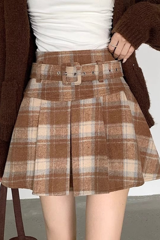 Plus Size Wool Plaid Pleated Skirt