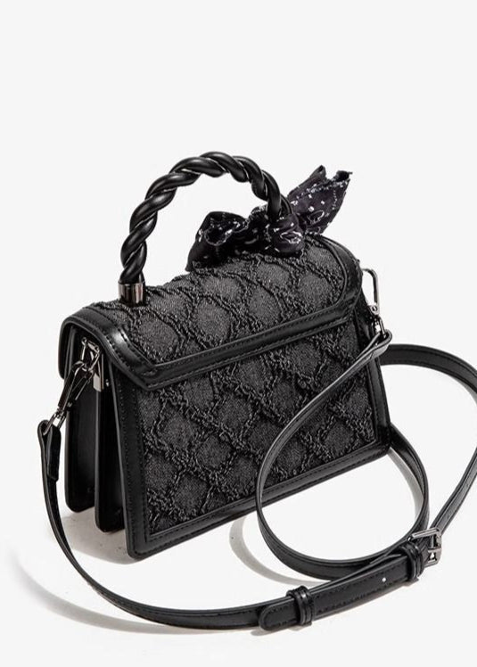 Aurelia Noir - Textured Faux Leather Mini Handbag with Printed Bow