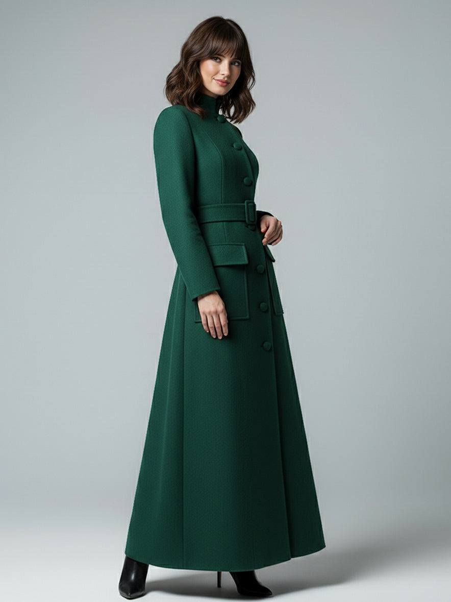 Woolen Full-Length Maxi Coat With Stand Collar And Flap Pockets For Women 2026