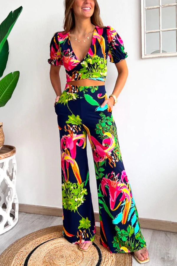 Floral Print V Neck Short Sleeves Crop Top Elastic Waist Wide Leg Pants Set