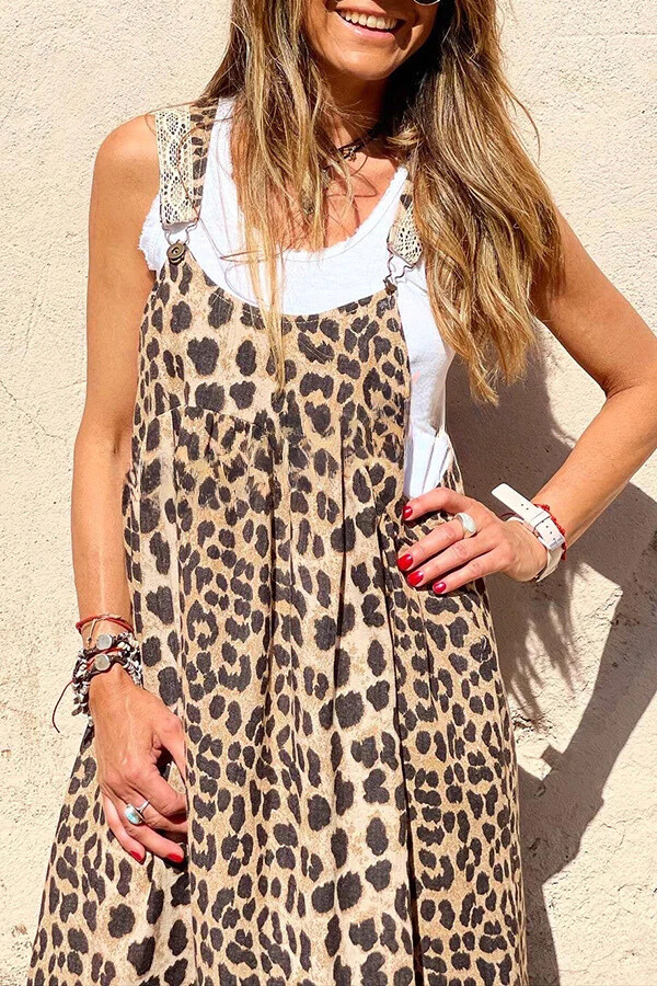 Cool Leopard Print Patchwork Suspender Maxi Dress