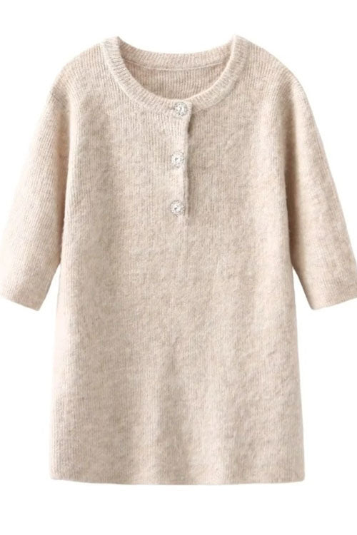 Crewneck Short Sleeves Button Up Sweater