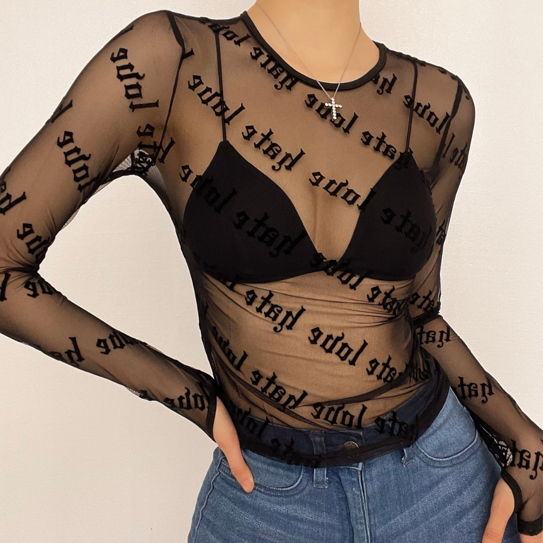 Sheer mesh "hate love" print see through solid long sleeve gloves top