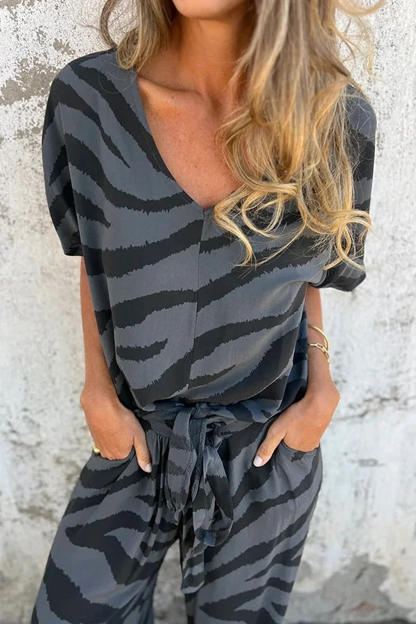 Zebra Print V-neck Short-sleeved Lace-up Top and Elastic Waist Pocket Straight-leg Pants Set