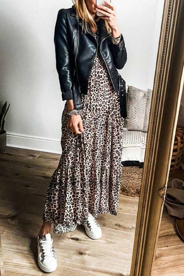 Apricot Leopard Print Tiered Wide Sleeve Maxi Dress