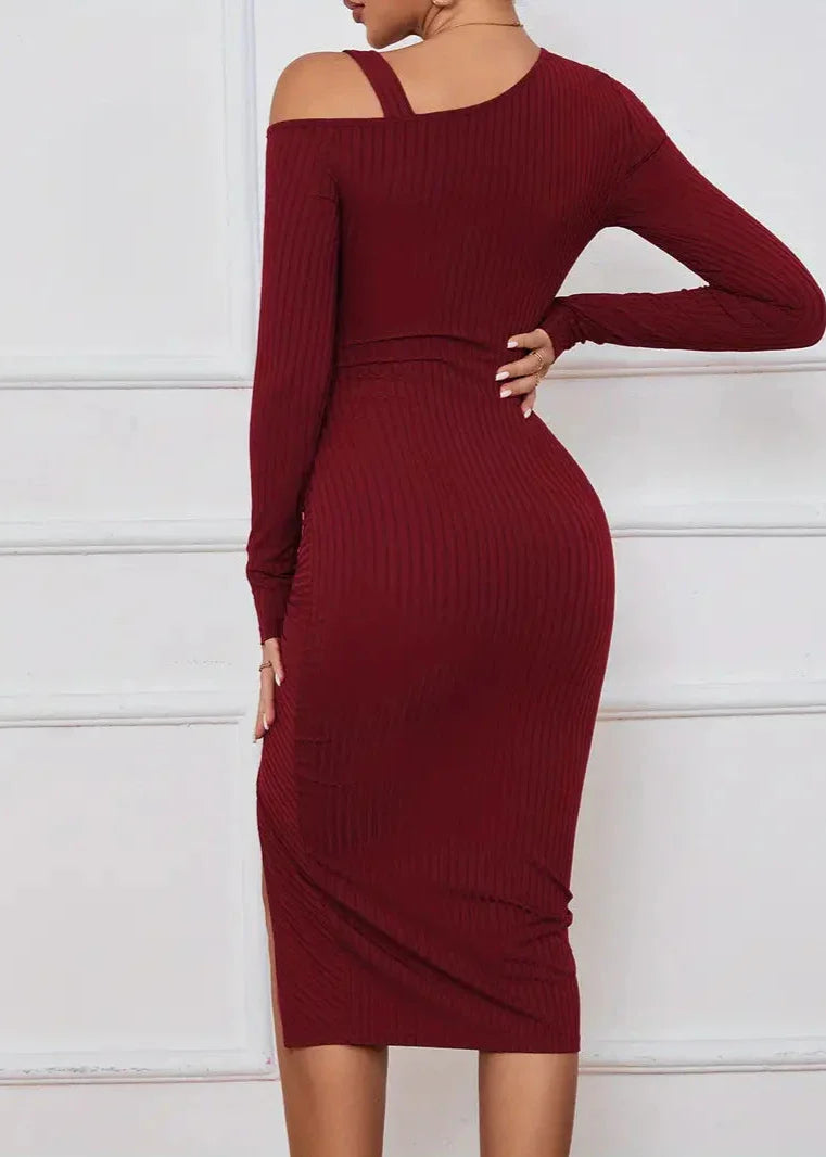 Asymmetrical Shoulder Ribbed Midi Dress