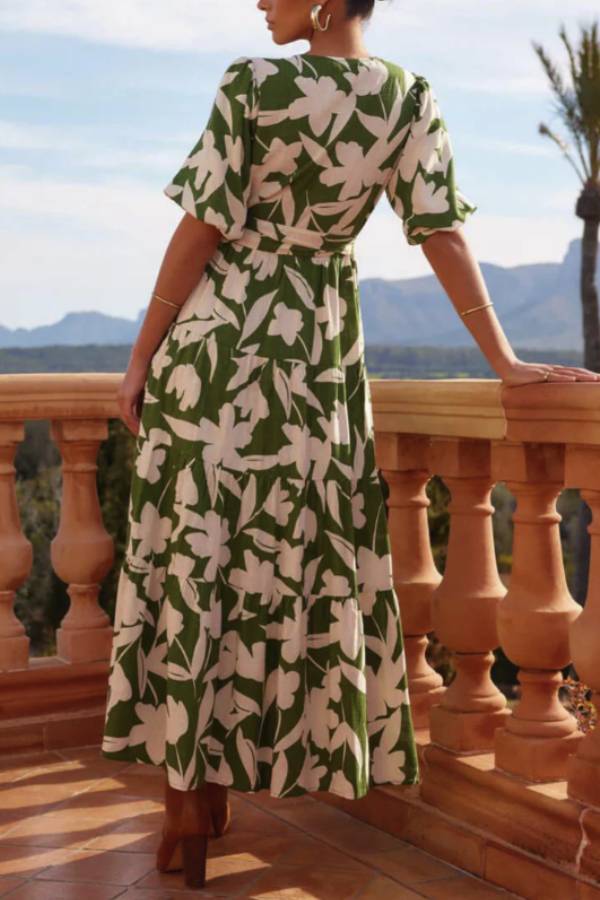 V-neck Short Sleeve Slit Printed Midi Dress