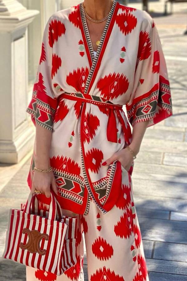 Pop of Red Ethnic Print Belted Kimono and Elastic Waist Pocket Cropped Pants Set