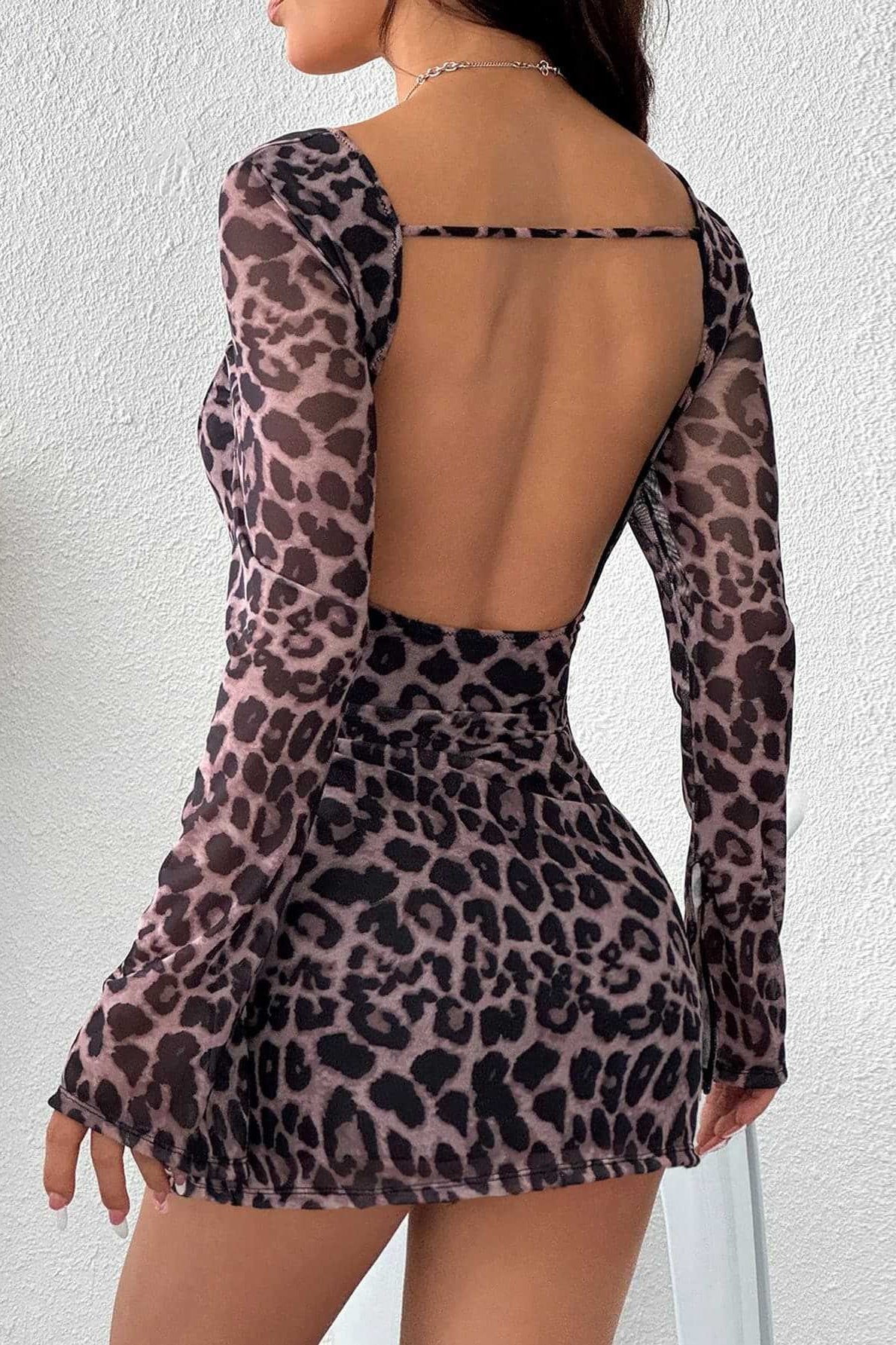Print Sweetheart Bell Sleeve Mesh Bodycon Mini Dress