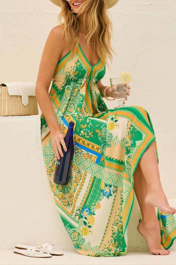 Elegant Off-Shoulder V-Neck Suspender Print Swing Dress