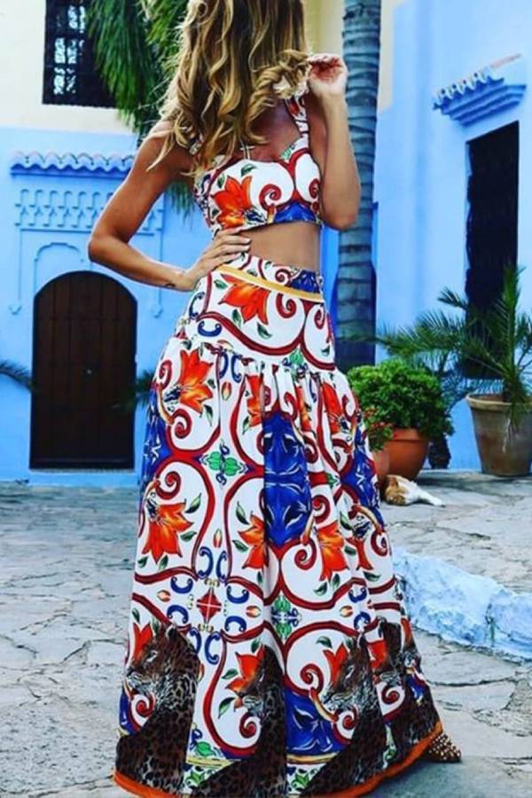 Beach Temperament Halter Print Dress Two-Piece Set