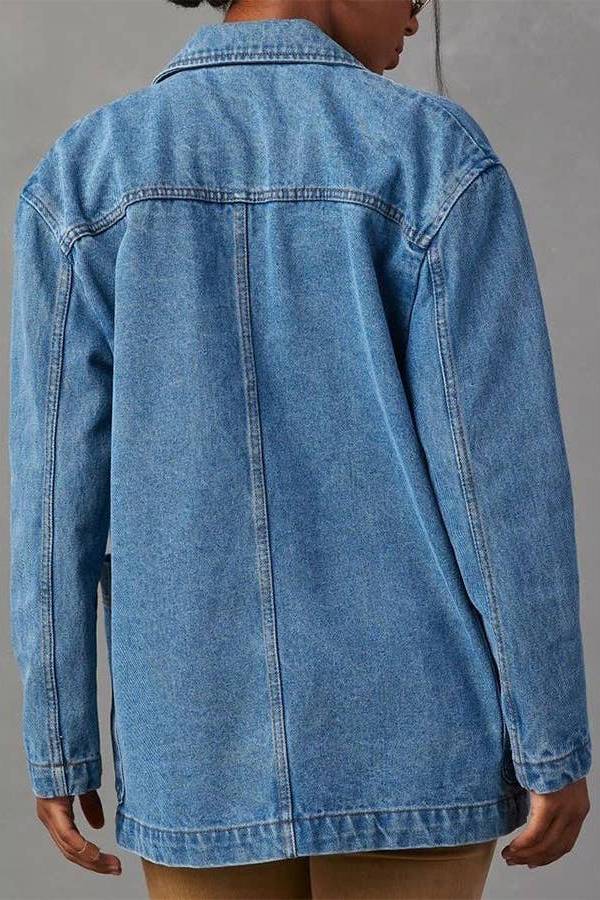 Notch Lapel Button Front Pocketed Denim Blazer