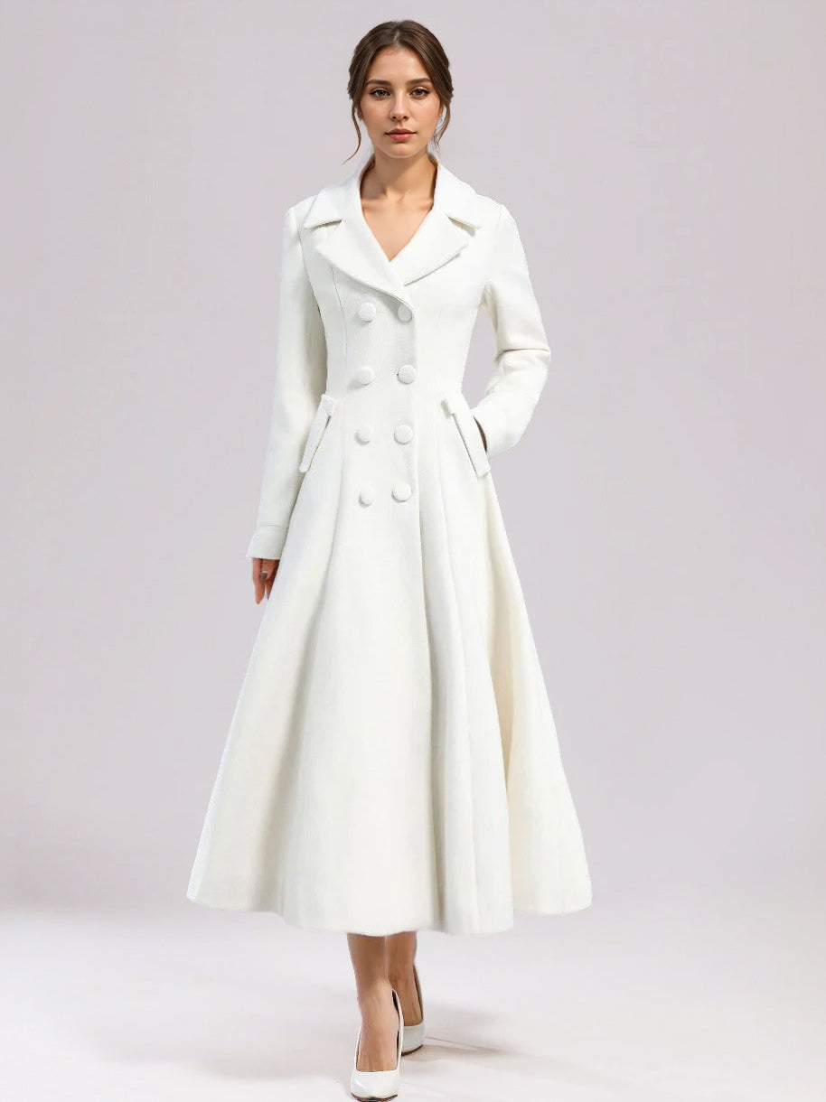 White Woolen Flared Coat For Woman Wide Lapel Double-breasted Winter A-line Midi Outerwear 2026