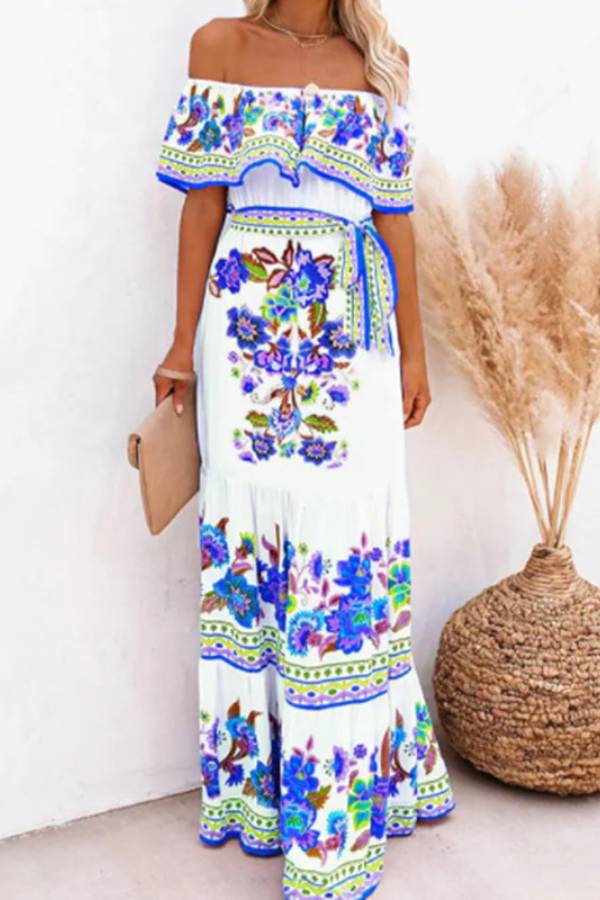 Off-shoulder printed long swing dress